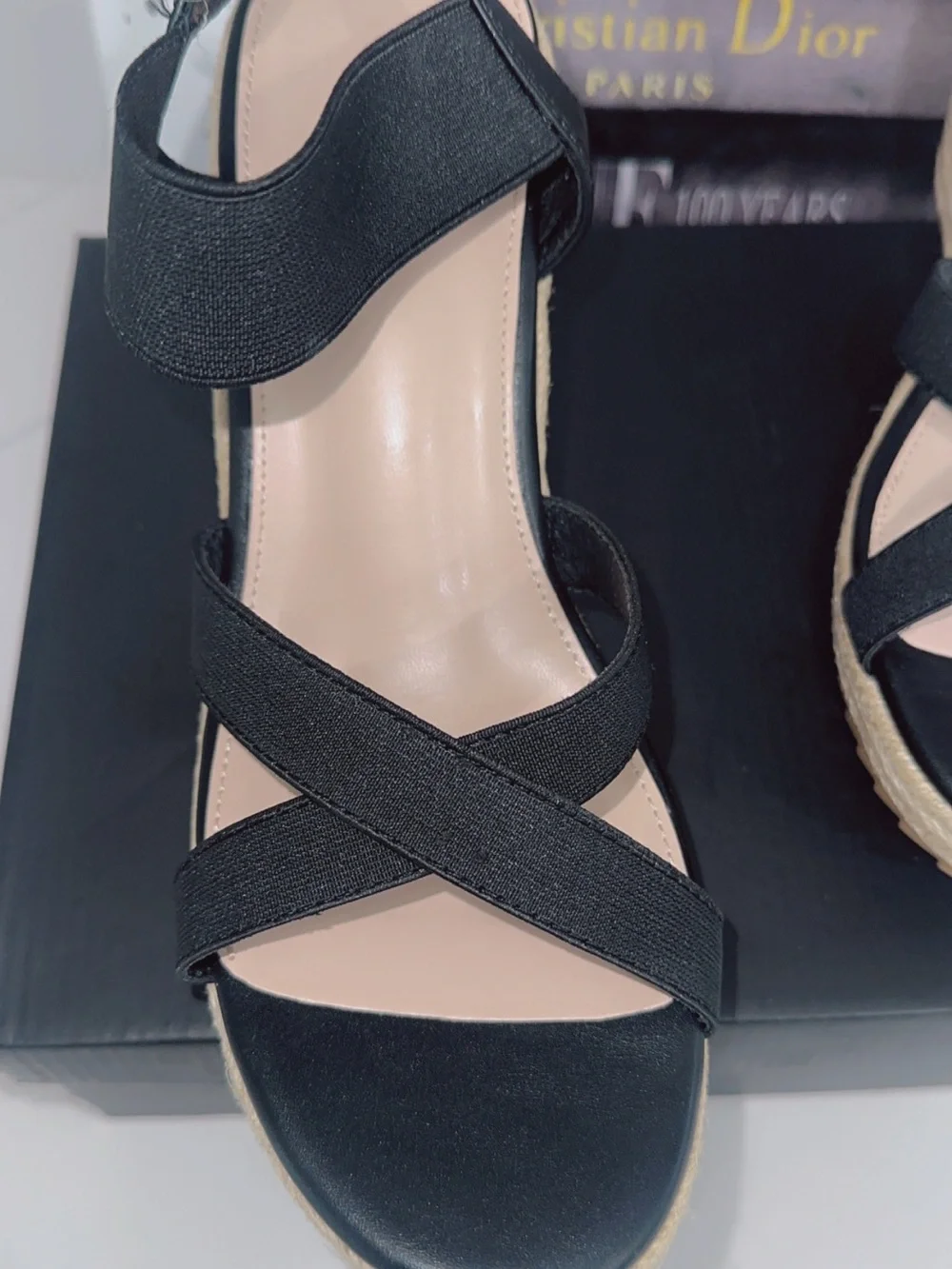 Mikarka Black Espadrille Wedge Sandals for Women